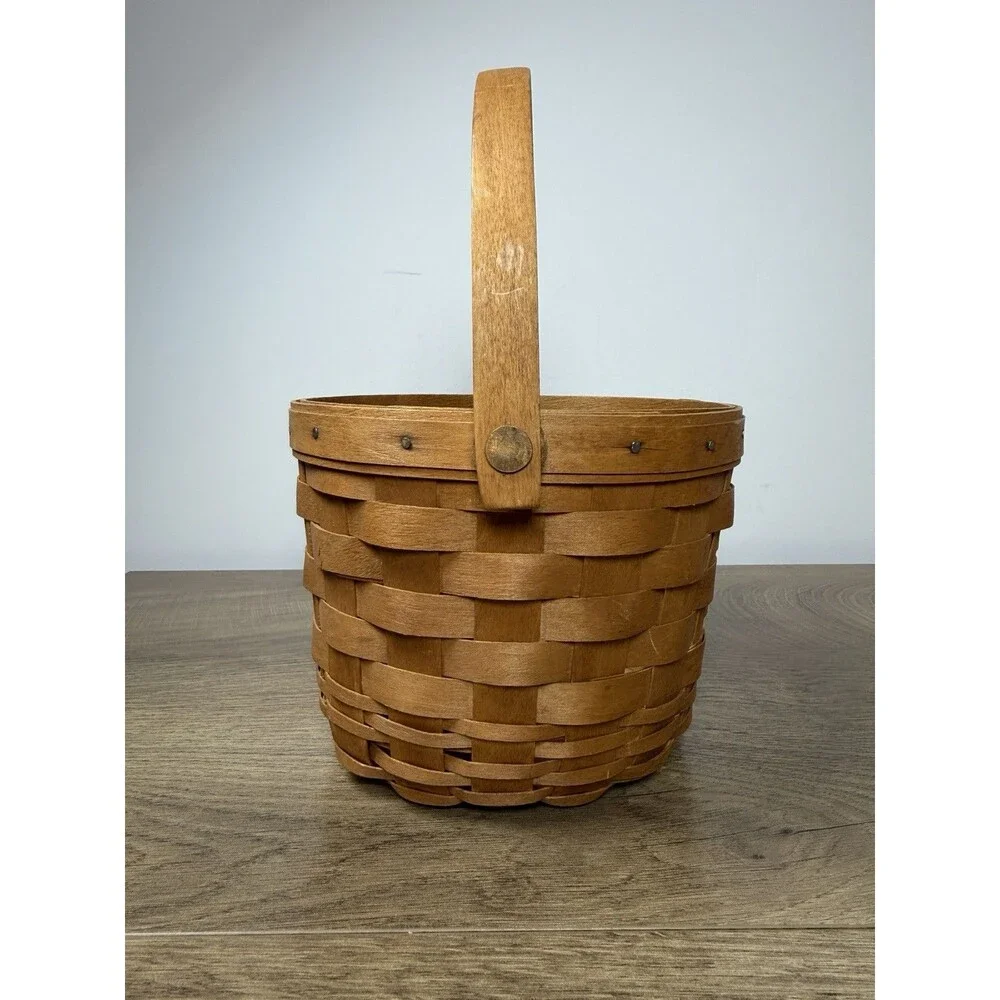 Vtg Longaberger Round Basket 1996 Swing Handle Handwoven Storage Classic Stain